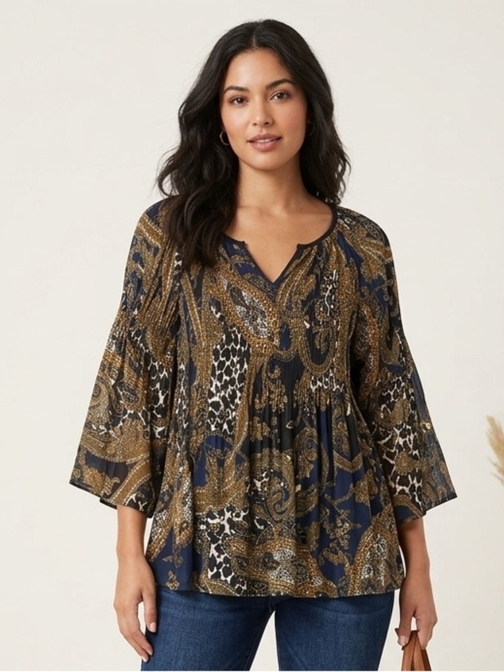 CUPIO Paisley and Animal Print Boho Blouse L 19” + p2p Navy Multi NWOT